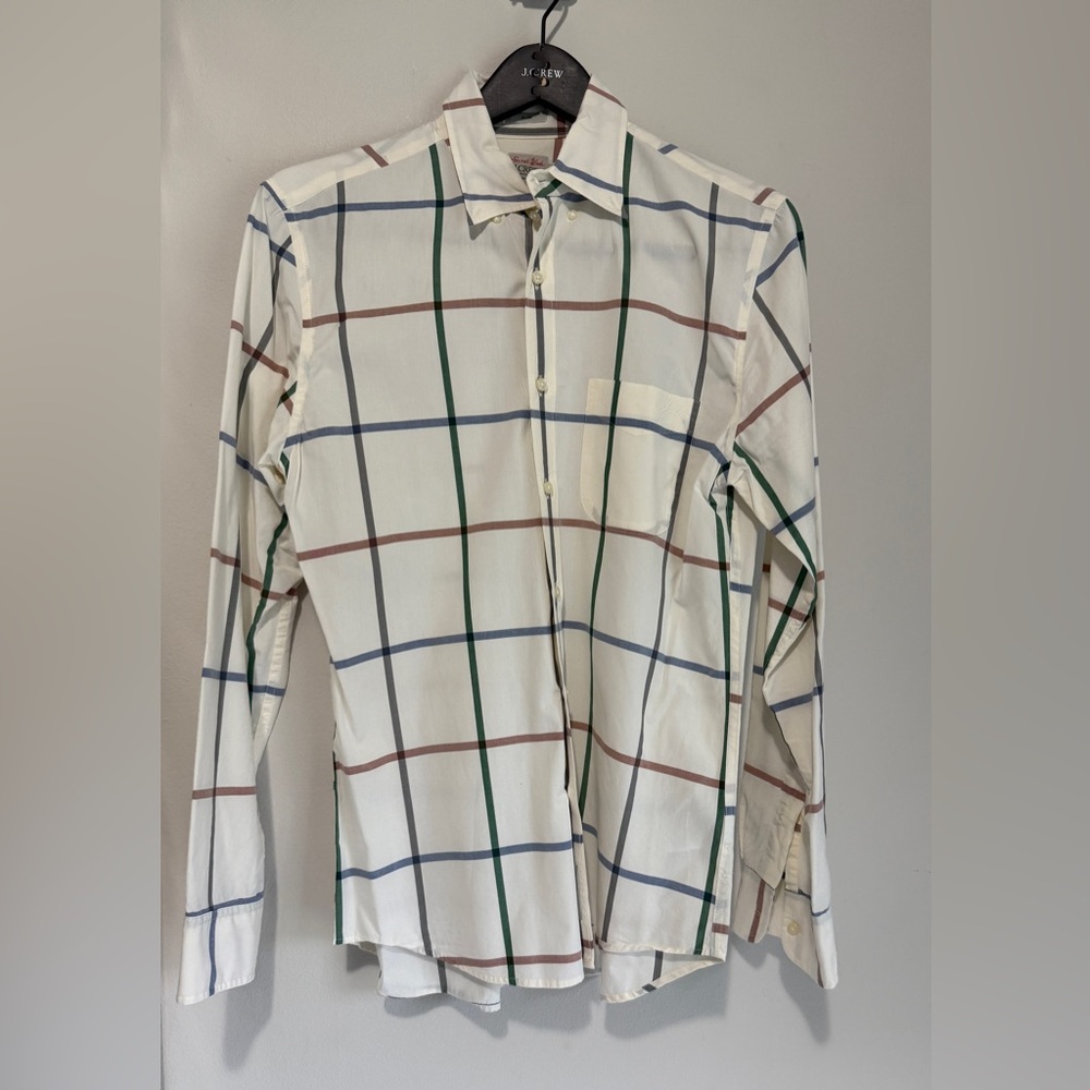 NWOT JCREW MENS Long Sleeved Shirt Medium Ivory with Green/Brown Plaid M